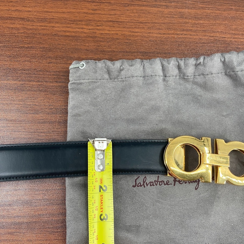 Salvatore Ferragamo Gancini Belt Mens 33 Black Calfskin Gold Tone Buckle 5 Hole - Picture 13 of 14